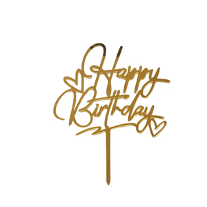 Zápich na dort Happy Birthday se srdci - zlatá