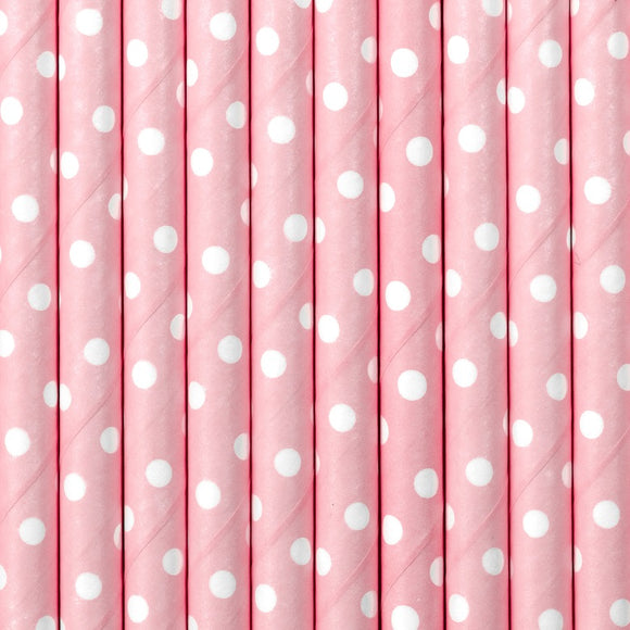 Papírová brčka růžová s bílými puntíky (10 ks)
