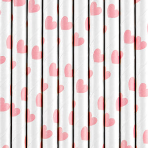Papírová brčka s růžovými srdíčky (10 ks)